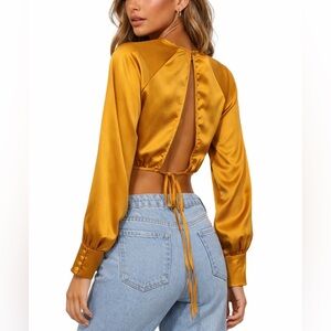 12th Tribe Gold Satin Open Back Tie Crop Top Long Sleeve Blouse Festival Boho S